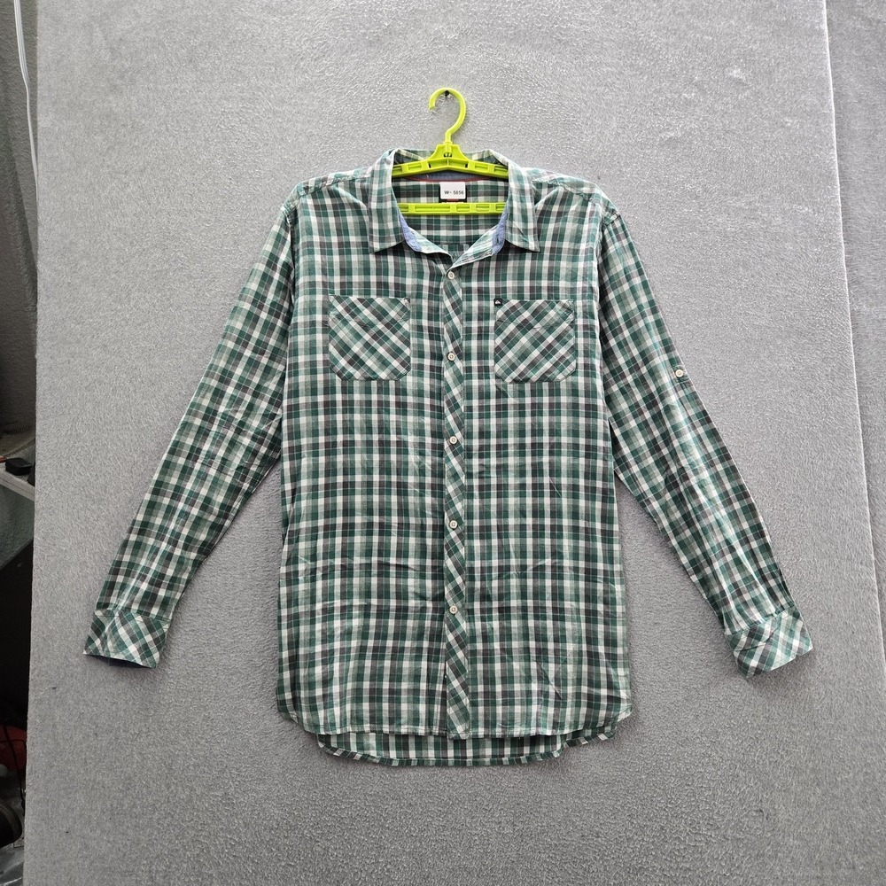 Quiksilver Men Button Up Shirt XXL Green Plaid Long Sleeve Logo Casual Skater